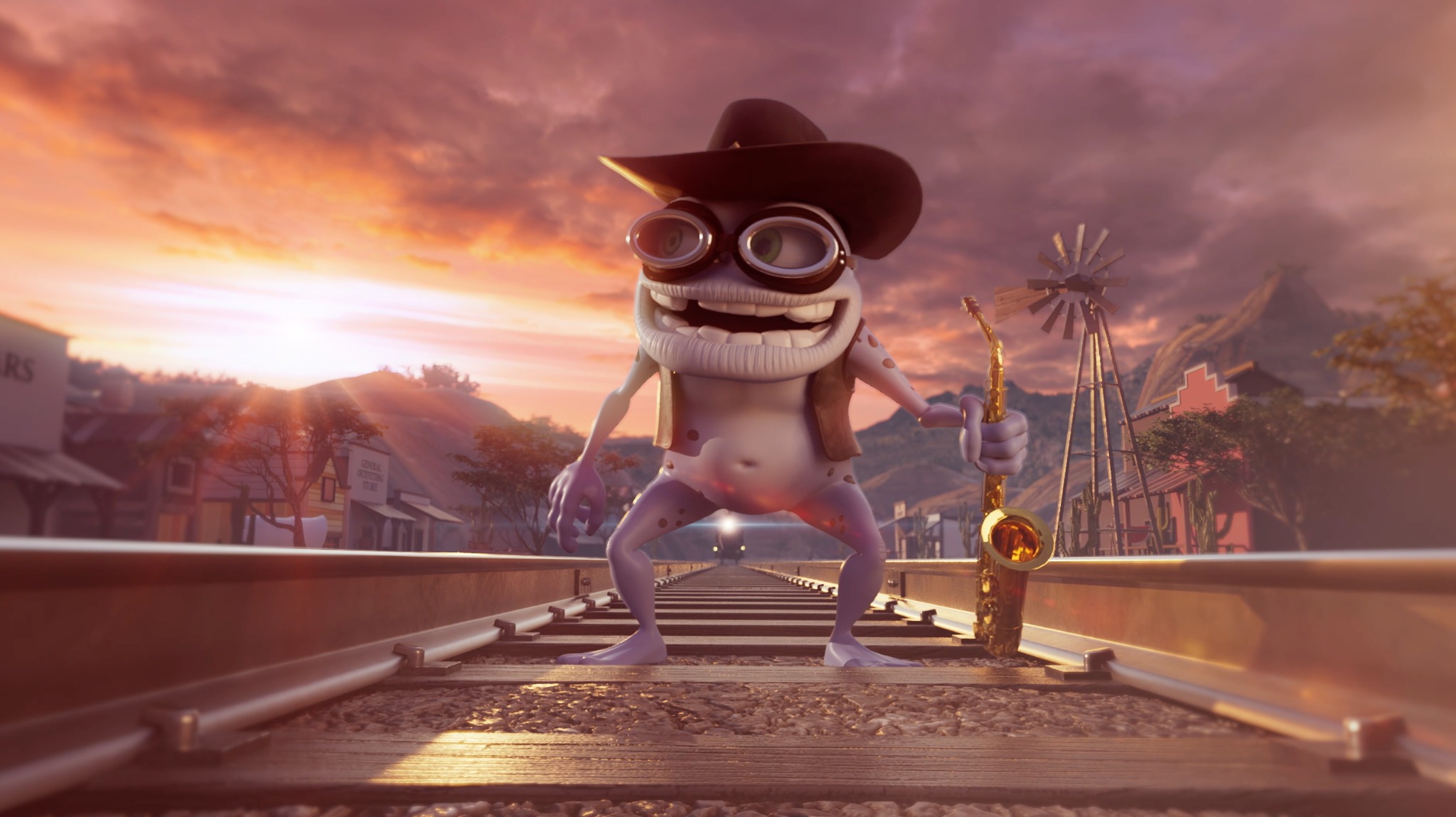 Crazy Frog wearing a cowboy hat and holding a saxophone