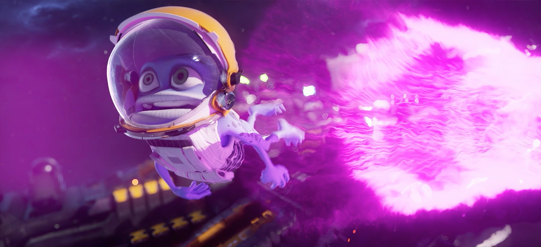 Crazy Frog in his spacesuit beside a glowing purple phenomenon